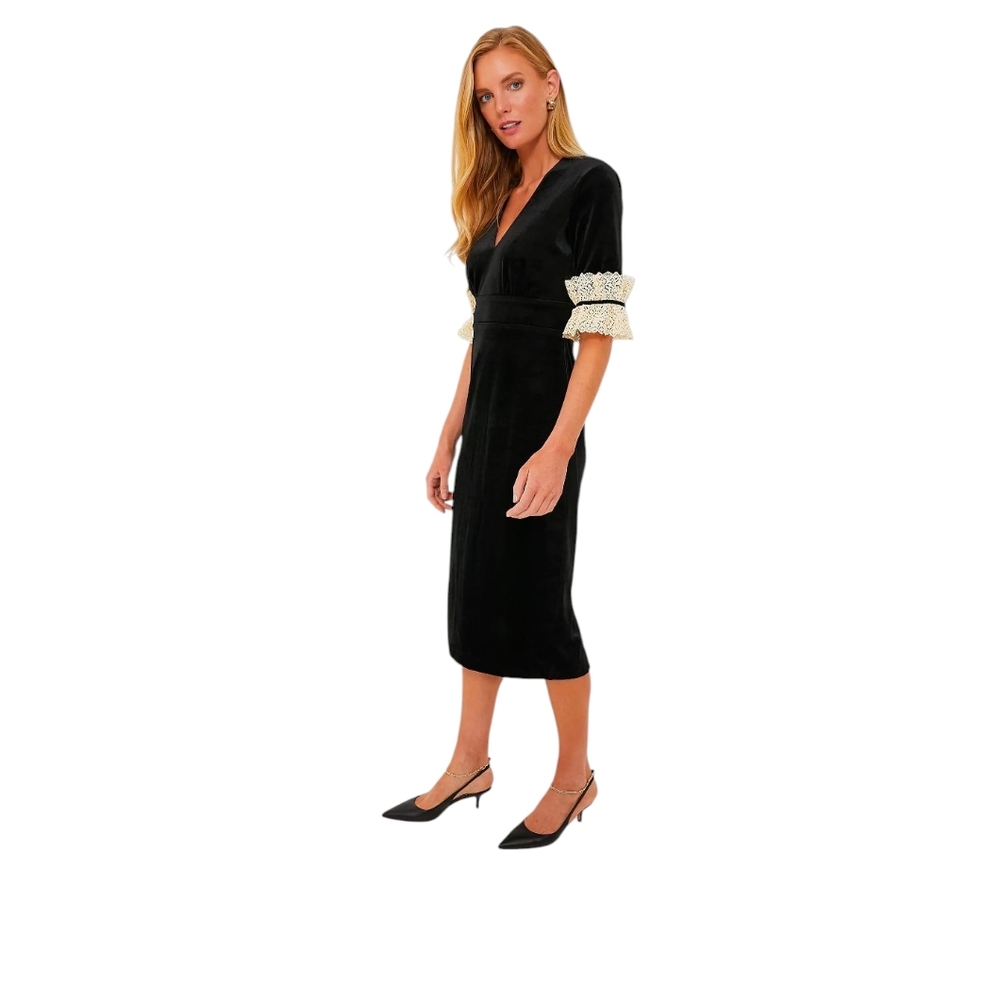 🌸 NWT Tuckernuck Black Velvet Odette Midi Dress M Lace Trim